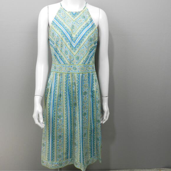 Ann Taylor Halter Midi Dress Sz 8 Petite Blue Green Paisley Floral Stripe Retro - Picture 2 of 13